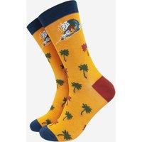Sock Talk Men's Surfing Dinosaur Bamboo Socks - Yellow in Mustard | Size: 7-11