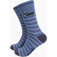 Sock Talk Men's Sausage Dogs Sailor Striped Bamboo Socks - Denim Blue | Size: 7-11