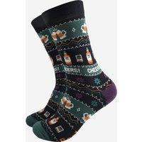 Sock Talk Men's Fair Isle Whisky Beer Christmas Party Bamboo Socks - Black/Green in Black | Size: 7-11