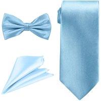Neel Blue Men's Bow Tie Set, Necktie & Pocket Square, Satin Neck Ties with Handkerchief in Mid Blue