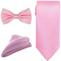 Neel Blue Men's Bow Tie Set, Necktie & Pocket Square, Satin Neck Ties with Handkerchief in Baby Pink