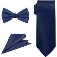 Neel Blue Men's Bow Tie Set, Necktie & Pocket Square, Satin Neck Ties with Handkerchief in Navy