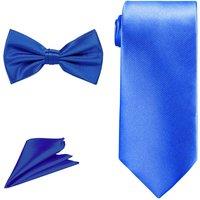 Neel Blue Men's Bow Tie Set, Necktie & Pocket Square, Satin Neck Ties with Handkerchief in Blue