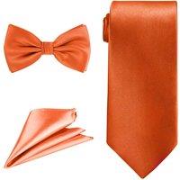 Neel Blue Men's Bow Tie Set, Necktie & Pocket Square, Satin Neck Ties with Handkerchief in Orange