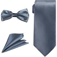 Neel Blue Men's Bow Tie Set, Necktie & Pocket Square, Satin Neck Ties with Handkerchief in Light Grey