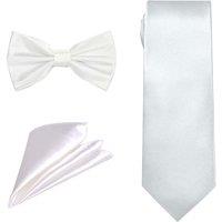 Neel Blue Men's Bow Tie Set, Necktie & Pocket Square, Satin Neck Ties with Handkerchief in White