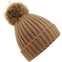 Beechfield Men's Pom Pom Faux Fur Chunky Knit Beanie in Light Brown