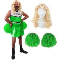 I Love Fancy Dress Men's Green Cheerleader Costume with Wig & Pom Poms | Size: Large
