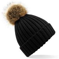 Beechfield Men's Pom Pom Faux Fur Chunky Knit Beanie in Black