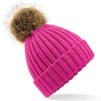 Beechfield Men's Pom Pom Faux Fur Chunky Knit Beanie in Fuchsia