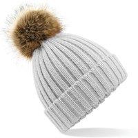 Beechfield Men's Pom Pom Faux Fur Chunky Knit Beanie in Light Grey