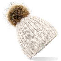 Beechfield Men's Pom Pom Faux Fur Chunky Knit Beanie in Beige