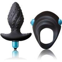 Rocks Off Men's Ibex Couples Textured C Ring & Butt Plug Pleasure Kit in Black