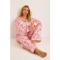 NastyGal Women's Satin Horse Western Print Contrast Piped Pajama Pants Set in Beige | Size: 8