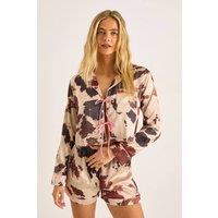 NastyGal Women's Cow Satin Contrast Tie Front Pajama Shorts Set in Chocolate | Size: 6