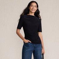 Lands' End Women's Silky Knit Elbow Sleeve Side Ruched Top in Black | Size: 10-12