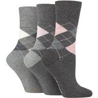 SOCKSHOP Gentle Grip Women's 3 Pair Argyle Patterned Cotton Socks in Charcoal | Size: 4-8