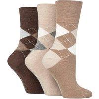 SOCKSHOP Gentle Grip Women's 3 Pair Argyle Patterned Cotton Socks in Brown | Size: 4-8