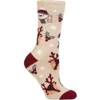 SOCKSHOP Heat Holders Women's 1 Pair Lite Christmas Socks in Beige | Size: 4-8