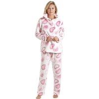 Camille Women's Supersoft Heart Print Fleece Pyjama Set in White | Size: 18-20