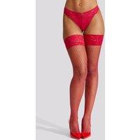 Ann Summers Women's Lace Top Fishnet Hold Ups in Red | Size: Large
