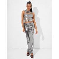 Public Desire Women's Maxi Skirt Co Ord in Metallic Silver | Size: 8