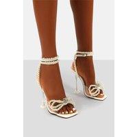 Public Desire Women's Glimmer White Wrap Around Pearl Detail Bow Square Toe Cake Stand Heels | Size: 9