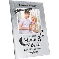Personalised Memento Company Women's Personalised To the Moon & Back 4x4 Glitter Glass Photo Frame in Metallic Silver