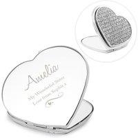 Personalised Memento Company Women's Personalised Swirls & Hearts Diamante Heart Compact Mirror in Metallic Silver