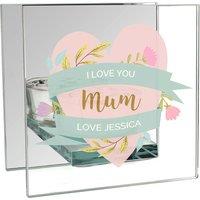 Personalised Memento Company Women's Personalised Floral Heart Mothers Day Mirrored Glass Tea Light Holder in Clear