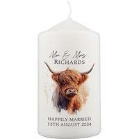 Personalised Memento Company Women's Personalised Highland Cow Pillar Candle in Off-White