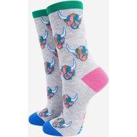Sock Talk Women's Rainbow Highland Cow Print Bamboo Socks in Grey | Size: 3-7