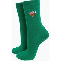 Sock Talk Women's Highland Cow Embroidered Cotton Socks - Green | Size: 3-7