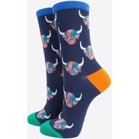 Sock Talk Women's Rainbow Highland Cow Print Bamboo Socks in Navy Blue | Size: 3-7