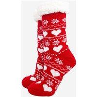 Sock Talk Women's Fair Isle Long Fluffy Socks Slippers with Grips in Red | Size: 3-7