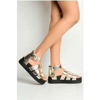Miss Diva Women's Roxi 3-Strap Gladiator Style Flatforms in Gold | Size: 6