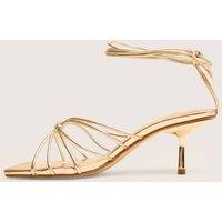 Public Desire Women's Nora Gold Pu Lace Up Strappy Mid Heels | Size: 5