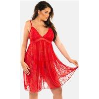 Perfect4U Women's Isie Lace & Mesh Plus Size Nightwear with Matching Thong in Red | Size: 18-20