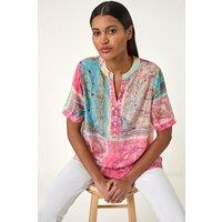 Roman Women's Scarf Print Hotfix Buttoned Top in Pink | Size: 12