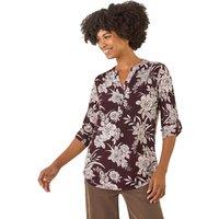 Roman Women's Floral Puff Print Stretch Shirt in Burgundy | Size: 10