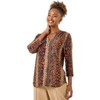 Roman Women's Abstract Print V-Neck Stretch Top in Tan | Size: 10