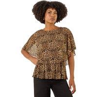 Roman Women's Animal Print Mesh Overlay Top in Tan | Size: 18