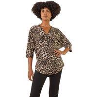 Roman Women's Animal Print Zip Front Stretch Top in Tan | Size: 12