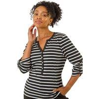 Roman Women's Petite Stripe V-Neck Button Top in Black | Size: 16