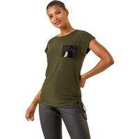 Roman Women's Sequin Pocket Side Ruched T-Shirt in Olive | Size: 16