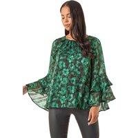 Roman Women's Petite Spot Frill Sleeve Top in Green | Size: 14