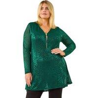 Roman Women's Curve Zip Front Floral Lace Top in Green | Size: 22-24