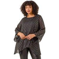 Roman Women's Curve Chiffon Overlay Foil Top in Black | Size: 20
