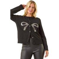 Roman Women's Petite Bow Sequin Knit Cardigan in Black | Size: 16