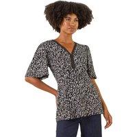 Roman Women's Floral Print V-Neck Lace Stretch Top in Black | Size: 14